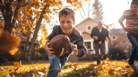 Caucasian boy playing football in autumn backyard with family. Concept of family bonding, childhood activity, outdoor sports, fall season.の素材