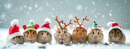 Group of cute hamsters wearing Christmas hats and antlers in the snow. Concept of holiday pets, festive season, winter celebration, adorable animals. Copy space.の素材
