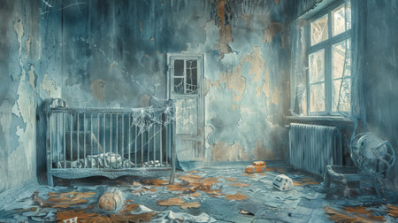 Abandoned old nursery room with an aged crib, spiderwebs and forgotten toys. Concept of decay, neglect, eerie atmosphere, childhood memories, haunted house, scary room, Halloween.の素材