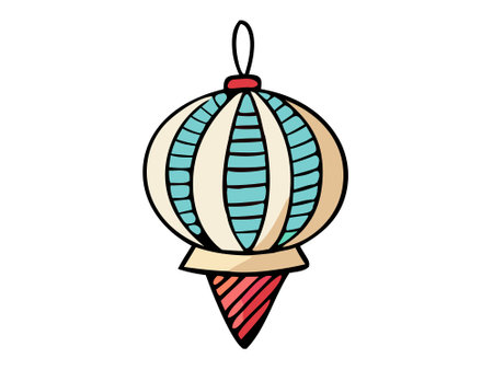Illustrated Christmas ornament with blue and white stripes and a red pointed bottom on a white background. Concept of holiday decoration, festive decor, Christmas design, seasonal ornament.のイラスト素材