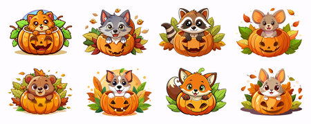 Set of adorable animals in carved pumpkins isolated on a white background. Concept of Halloween, cute pets, autumn fall season, woodland creatures.のイラスト素材