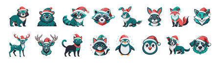 Set of Cute Christmas Animals in Festive Santa Hats isolated on White Background. Concept of Christmas, Cute Winter Animals, Minimalist Style, Seasonal Decoration. Print, design elements.のイラスト素材