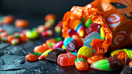 Colorful assortment of candies spilling from an orange bag on a dark surface. Concept of sweets, indulgence, treats, confectionery.の素材