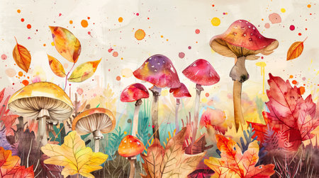 Watercolor painting of assorted mushrooms and autumn leaves on a beige background. Concept of nature, botanical art, seasonal change, artistic illustration. Copy space.の素材