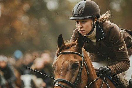 Enthusiastic female jockey on a chestnut horse during a race. Concept of equestrian sports, horse race, competition, riding.の素材