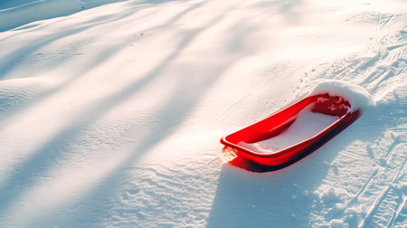Red plastic sled on a snowy hill. Concept of winter recreation, outdoor activities, snow fun, sledding adventure. Copy space.の素材