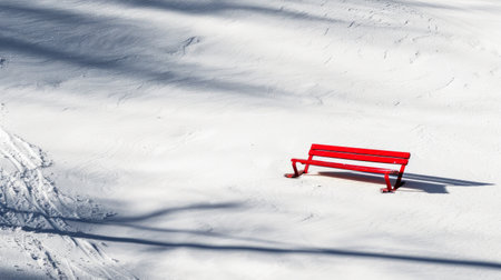 Red bench standing alone in a snowy landscape with shadows. Concept of solitude, winter serenity, isolation, tranquility.. Copy space.の素材