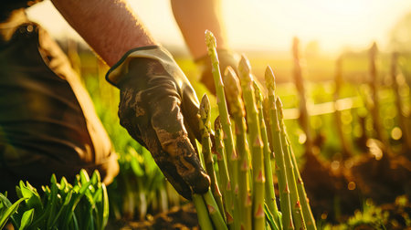 Farmer's hands harvesting asparagus spears in a field at sunrise. Concept of agriculture, farm work, organic vegetables, fresh produce.の素材