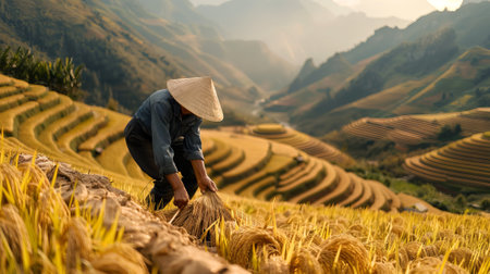Asian male farmer harvesting golden rice in scenic terraced fields at sunset. Concept of agriculture, rural life, farming, traditional practices.の素材