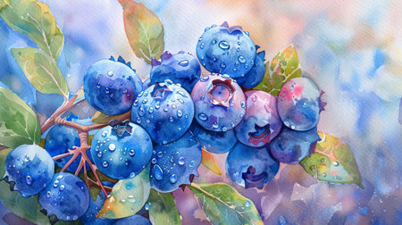 Watercolor illustration of ripe blueberries close-up with dewdrops. Concept of fresh fruits, nature, summer harvest, healthy eating.の素材