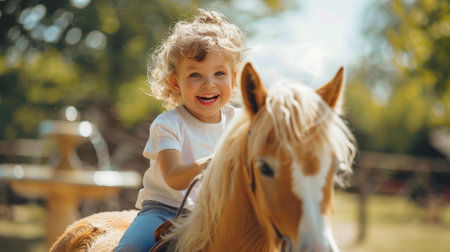 Caucasian girl riding a horse in a sunny park. Concept of child outdoor activity, equestrian sport, joyful kids, animal interaction, kid and little pony.の素材