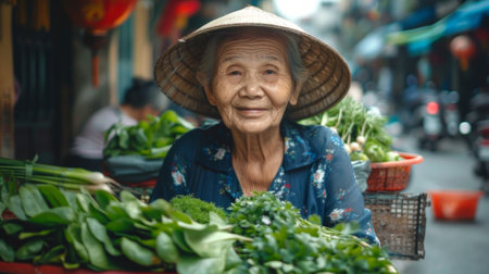 Elderly Asian woman wearing a traditional hat selling vegetables at a street market. Concept of senior vendor, Asian culture, local market, traditional attire.の素材
