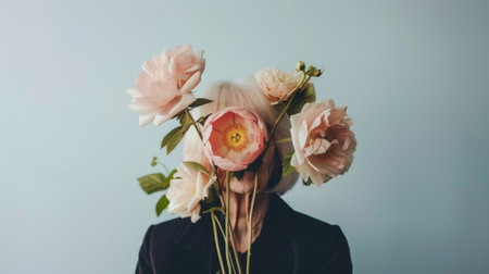 Elderly Caucasian woman with large flowers covering her face. Concept of femininity, nature, anonymity, age.の素材