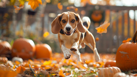 Beagle Leaping Through Autumn Leaves with Pumpkins. Concept of playful dog, fall season, outdoor fun, pet activities.の素材
