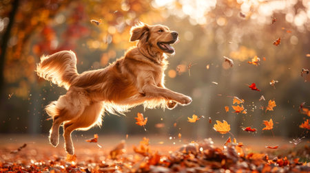 Golden Retriever Mid-Jump Over Autumn Leaves in a Park. Concept of Active Dog, Pet, Outdoors, Playful, Fall Season.の素材