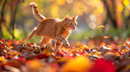 Orange tabby cat jumping and playing through a pile of colorful autumn leaves in a park. Concept of playful kitten, autumn scenery, fall foliage, nature exploration.の素材