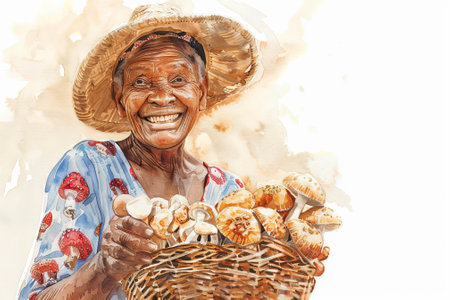 Smiling Elderly African American Woman Holding Basket of Mushrooms in Watercolor Art. Concept of Happy Senior, Agriculture, Mushroom Harvesting, Rural Life.の素材