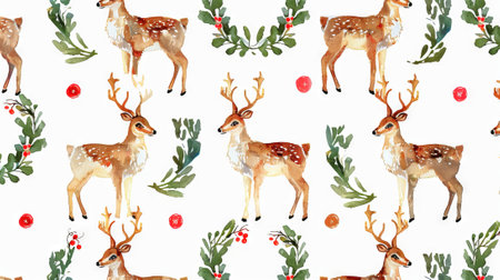 Watercolor winter deer with antlers and holly leaves on white background. Concept of Christmas, holiday season, wildlife, nature art. Festive background.の素材