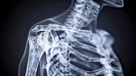 Detailed High-Resolution X-ray Image of Human Shoulder Joint and Rib Cage. Concept of Human Anatomy, Medical Imaging, Bone Structure, Orthopedics.の素材