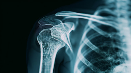 Detailed High-Resolution X-ray Image of Human Shoulder Joint and Rib Cage. Concept of Human Anatomy, Medical Imaging, Bone Structure, Orthopedics, scanning.の素材