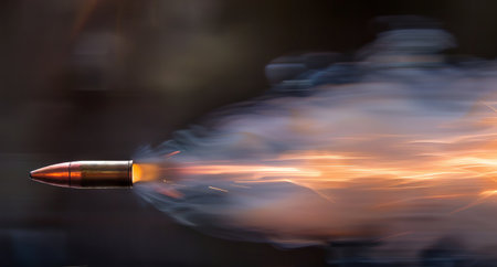 Close-Up of a Flying Bullet with Sparks and Smoke Trail. Concept of Ammunition, Firearms, Ballistics, Shooting Accuracy.の素材