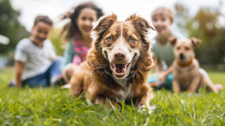 Group of Children and Friendly Dogs Playing on Grass. Concept of outdoor play, childhood bond, friendship with pets, happy moments.の素材