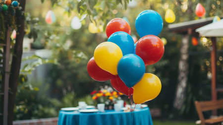 Colorful Red, Blue, and Yellow Balloons Decorate a Sunny Outdoor Party with People Celebrating in the Background. Concept of Festive Atmosphere, Outdoor Gatherings, and Celebrations. Copy space.の素材