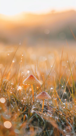 Dew-covered toadstool mushrooms growing among sunlit dewy grass in a meadow at sunrise. Concept of morning nature, forest fungi, peaceful outdoor scenery, fresh atmosphere. Vertical.の素材