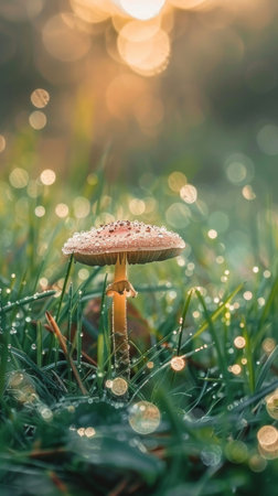 Dew-covered toadstool mushrooms growing among sunlit dewy grass in a meadow at sunrise. Concept of morning nature, forest fungi, peaceful outdoor scenery, fresh atmosphere. Vertical.の素材