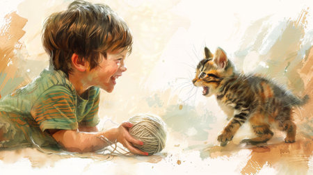 Cute Little Boy Playing with a Ball of Yarn and a Playful Kitten. Concept of Child with Pet, Joyful Interaction, Friendship, Innocence, Watercolor Painting.の素材