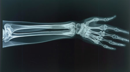 X-ray image of a human forearm displaying detailed bone structure, including radius and ulna. Concept of medical imaging, bone anatomy, orthopedic analysis, and healthcare diagnostics.の素材