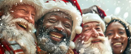 Smiling Diverse and Multinational Santa Clauses Celebrating with Snow. Concept of Christmas Joy, Holiday Spirit, Festive Cheer, Multicultural Unity, and Santa Claus Gathering. Banner.の素材