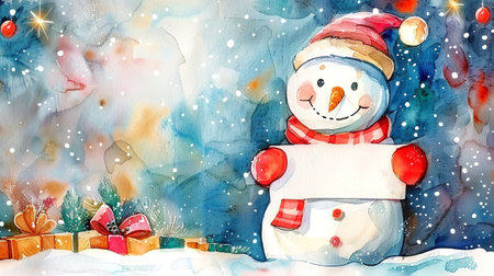 Cute Christmas snowman holding an empty card with festive hat and scarf. Concept of winter holiday, festive message, Christmas greetings, snowy background. Greeting card, postcard, mockup. Copy space.の素材