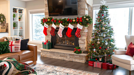 Festively Decorated Living Room with Christmas Tree, Fireplace, Stockings and Gifts. Concept of Holiday Season, Christmas Celebration, Winter Decor, Family Gathering.の素材