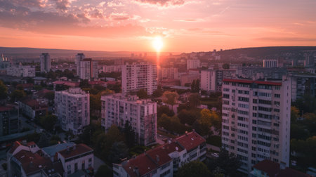 Aerial View of Cityscape at Sunset with Apartment Buildings and Residential Area. Concept of Urban Living, Housing, City, Civilization.の素材