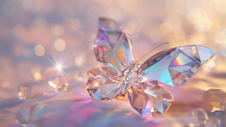 Close-Up of a Sparkling Crystal Butterfly in Soft Pastel Light. Concept of Nature, Beauty, Elegance, Light Reflection. Crystalline background. Copy space.の素材