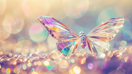 Crystal butterfly figurines resting on sparkling crystal stones. Concept of delicate beauty, elegance, and decorative art. Soft pastel lighting enhances the dreamy, ethereal atmosphere.の素材