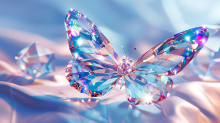 Crystal butterfly with vibrant iridescent colors on a soft pastel background. Concept of beauty in nature, delicate designs, iridescence, and elegance.の素材
