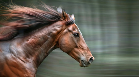 Close-Up of a Horse's Head and Mane in Motion. Concept of Equestrian Beauty, Animal Strength, Nature, Gallop, Fast Speed, Beauty in Motion, Freeze Frame.の素材