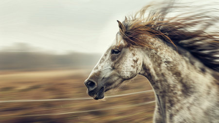 Close-Up of a Horse's Head and Mane in Motion. Concept of Equestrian Beauty, Animal Strength, Nature, Gallop, Fast Speed, Beauty in Motion, Freeze Frame.の素材