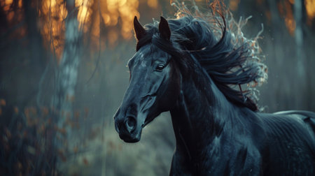 Close-Up of a Black Horse and Mane in Motion. Concept of Equestrian Beauty, Animal Strength, Nature, Gallop, Fast Speed, Beauty in Motion, Freeze Frame.の素材
