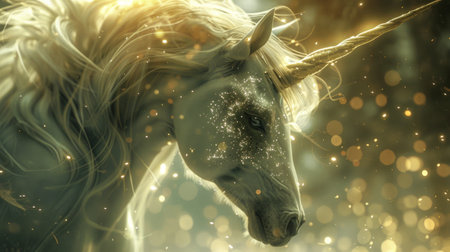Majestic unicorn with a glowing horn and sparkling mane in a mystical forest. Concept of fantasy, magic creatures, mythical, fairy tale, magic, and ethereal beauty.の素材
