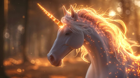 Majestic unicorn with a glowing horn and sparkling mane in a mystical forest. Concept of fantasy, magic creatures, mythical, fairy tale, magic, and ethereal beauty.の素材