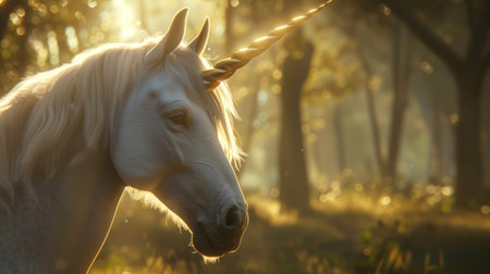 Majestic unicorn with a glowing horn and sparkling mane in a mystical forest. Concept of fantasy, magic creatures, mythical, fairy tale, magic, and ethereal beauty.の素材