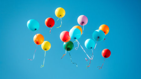 Cluster of brightly colored inflatable balloons against a clear blue sky. Concept of celebration, festive decor, party decoration, joyful event.の素材