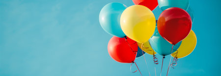 Cluster of Brightly Colored Balloons Floating Against a Clear Blue Sky Concept of Celebration, Festivity, Joyful Occasions, Uplifting Moments. Banner, background with copy space.の素材