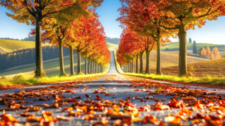 Scenic autumn road with colorful leaves and blue sky. Concept of fall landscape, nature, travel, seasonal beauty.の素材