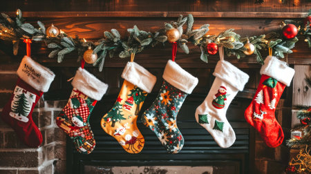 Red Christmas stockings hanging on decorated fireplace mantel. Beautifully adorned Christmas tree with ornaments stands nearby. Concept of festive decor, holiday season, cozy home atmosphere.の素材