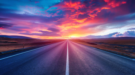 Vibrant Sunset Over a Deserted Highway with Dramatic Skies. Concept of Serene Evening, Wilderness Road Travel, Scenic Highway, and Tranquil Sunset Journey.の素材