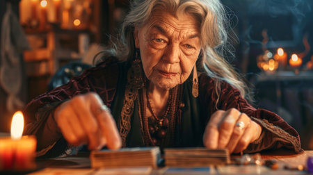 Elderly woman dressed as a fortune teller with tarot cards and candles in a mystical setting. Concept of divination, wisdom, mystical arts, spirituality.の素材